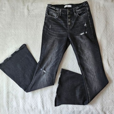 Flying Monkey High Waisted Black Flare Leg Jeans Distressed Slit Raw Hem 27