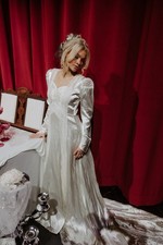 Vintage 1940s Liquid Satin and Lace Wedding Gown Train Puff Sleeves XS