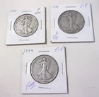 US Walking Liberty half dollar - lot of 3 coins. 1934, 1935, 1936. Circulated.