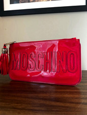 Moschino Red Monogram Patent Leather Clutch