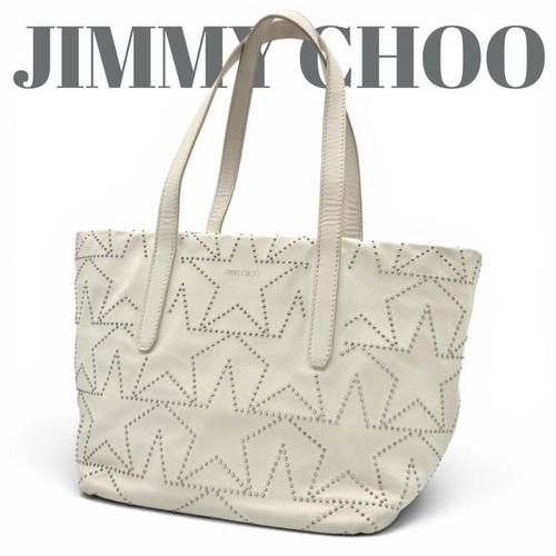 JIMMY CHOO Leather Tote Bag Off White Star Studs Silver Hardware Used From Japan