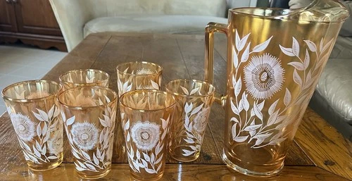 Vintage Jeanette Cosmos Marigold Carnival Glass Set Pitcher & 6 Drinking Glasses