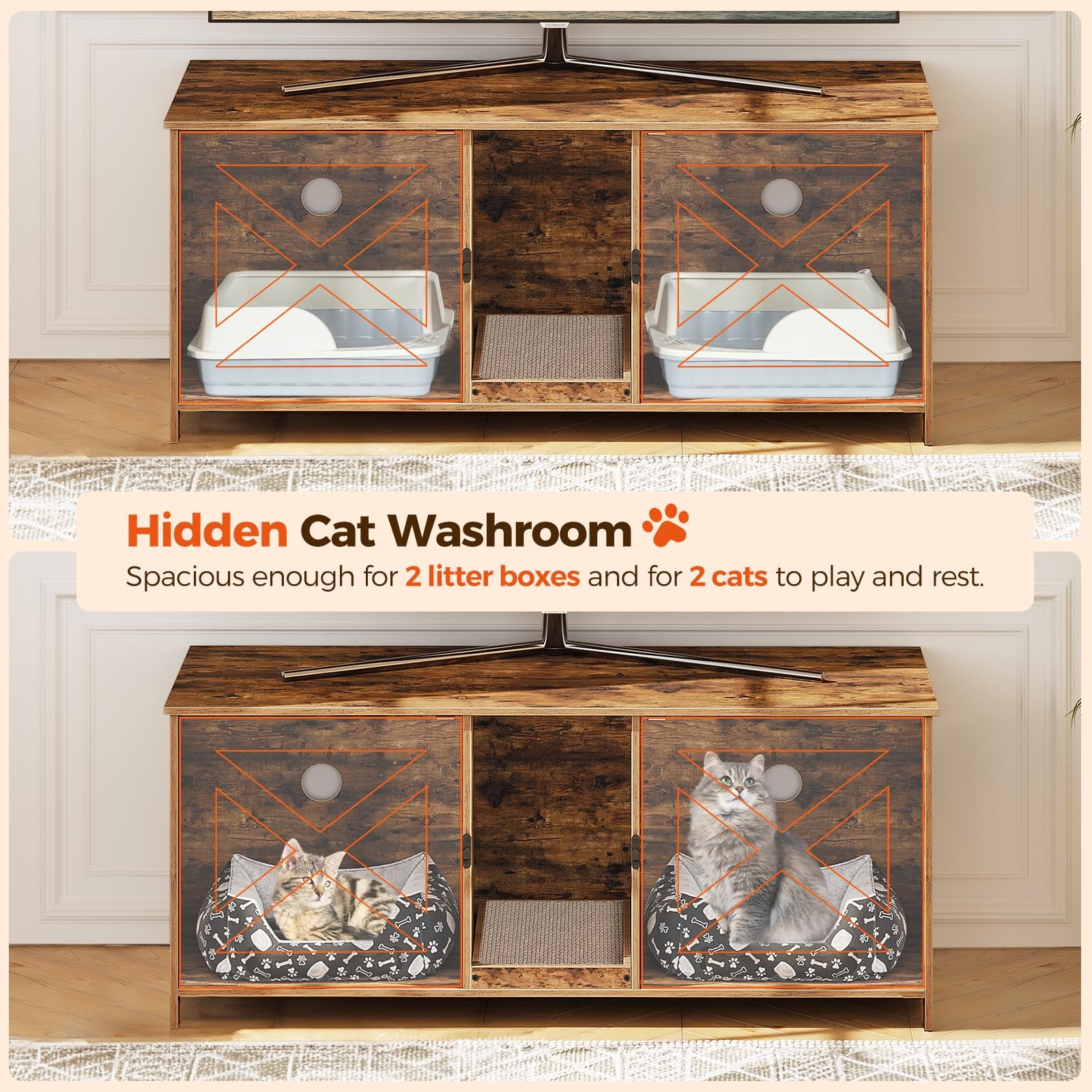 MAHANCRIS Hidden Litter Box Enclosure for 2 Cats, 47.2" Wooden Cat Washroom w/Sc