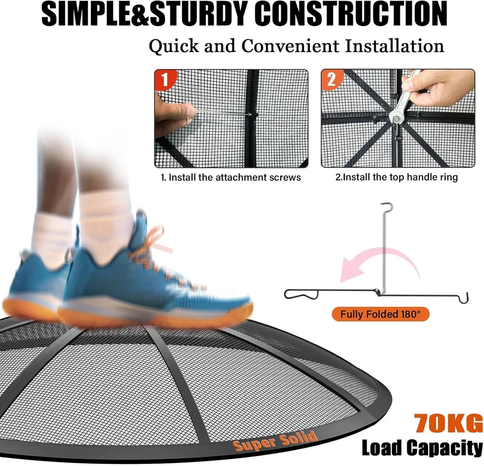 Pantalla de chispas Fire Pit, tapa de 24 pulgadas exterior con mango y póker, negra  Foto 4 de 4