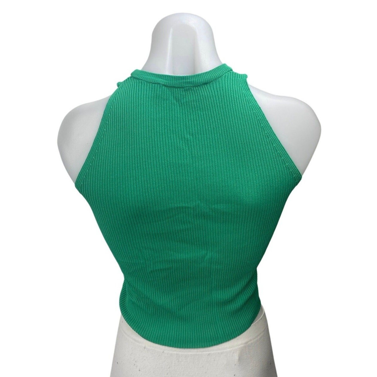 Zara Women's Green Rib Knit Cutout Sleeveless High Neck Raceback Crop Tank Top S