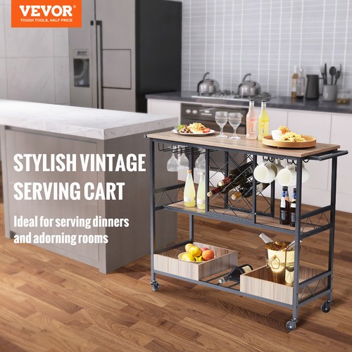VEVOR 3-Tier Bar Serving Cart Rolling Trolley with Wine Grid Glass Holder 300LBS - Picture 2 of 12
