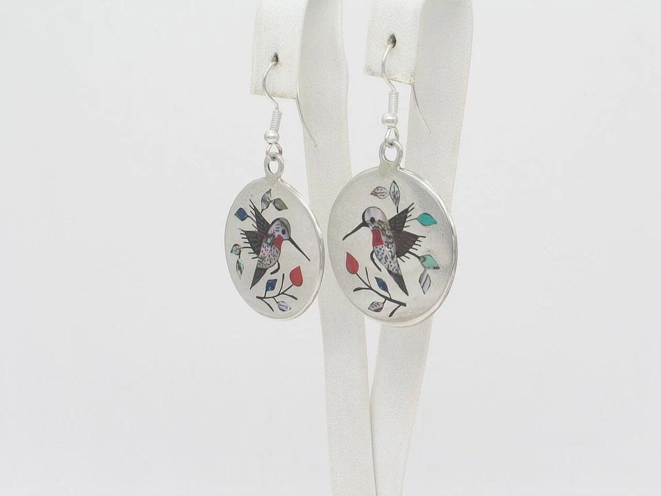 Navajo Handmade Sterling Silver Multi-Stone Dangle Hummingbird Earrings - Image 3 of 4