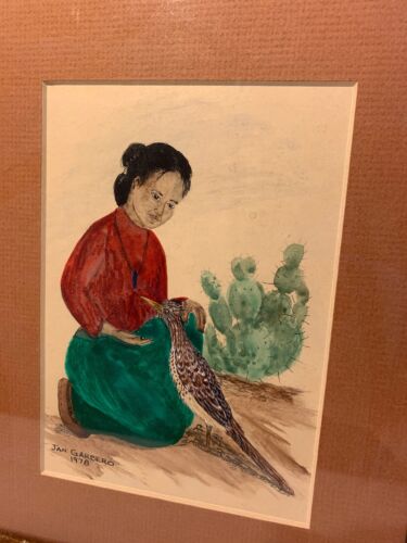 JAN GARBERO AQUARELL INDIAN GIRL FEED ROADRUNNER GERAHMT & SIGNIERT 1978 - Bild 3 von 9