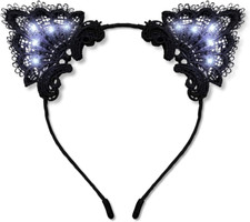 Black Lace Light up Kitty Cat Ears Headband with White Leds
