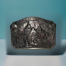 Vintage California Embossed Pewter Belt Buckle By Bergamot Brass Works 1977