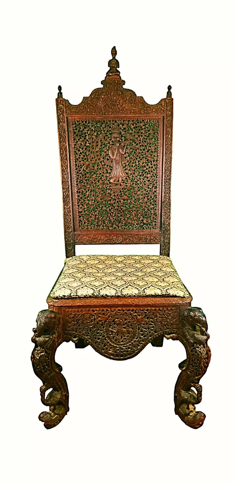 Antigua silla de acento de madera dura de palisandro fuertemente tallada de exportación india anglo-india Foto 2 de 4