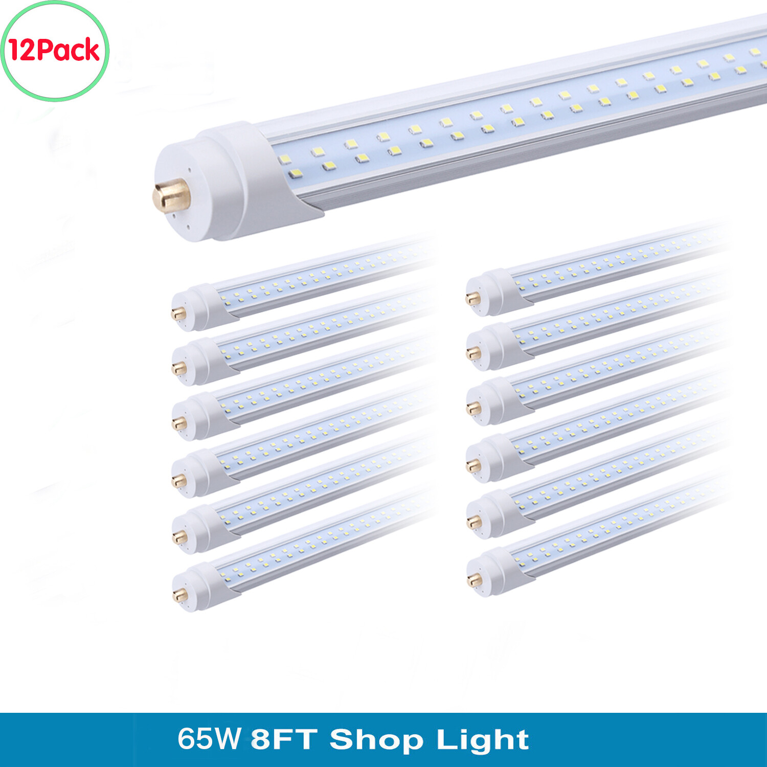 12Pack 8FT Led Tube Light 65W FA8 T8 Single Pin 8 Foot Led Shop Light 2 Row Lamp