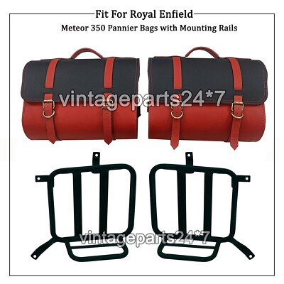 Für Royal Enfield Meteor 350  Leder-Gepäcktaschen Rot & Schwarz mit Halterung 
