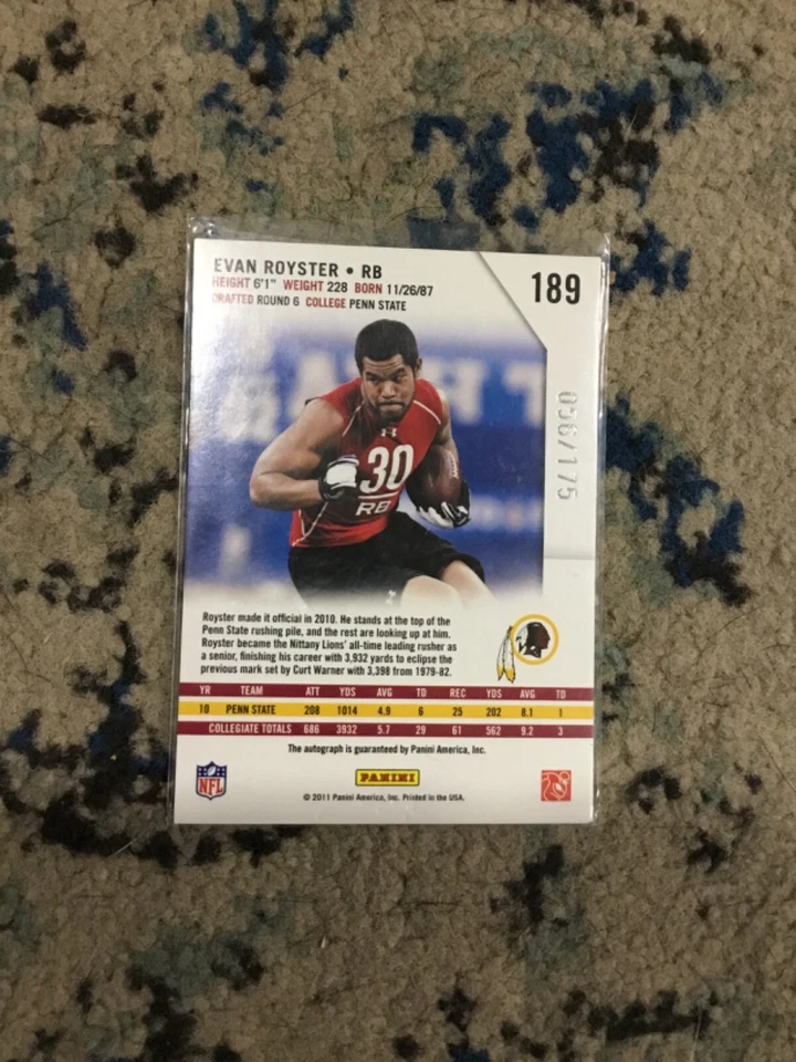 EVAN ROYSTER 2011 ROOKIES AND STARS ROOKIE AUTOGRAPHS HOLOFOIL #189 56/175 PSU - Image 2 of 2