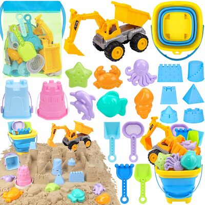 FHOZGECY Beach Toys 21Pcs Sand Toys Sandbox Toys with 2 in 1 Beach Truck Coll...