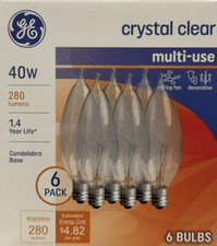 6 GE 40W Clear Flame Tip CAC-Type Light Bulbs w/Candelabra Base