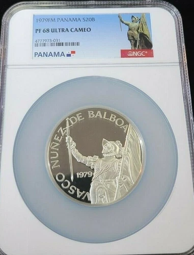 1979 PANAMA SILVER 20 BALBOAS VASCO NUNEZ NGC PF 68 ULTRA CAMEO HIGH GRADE COIN