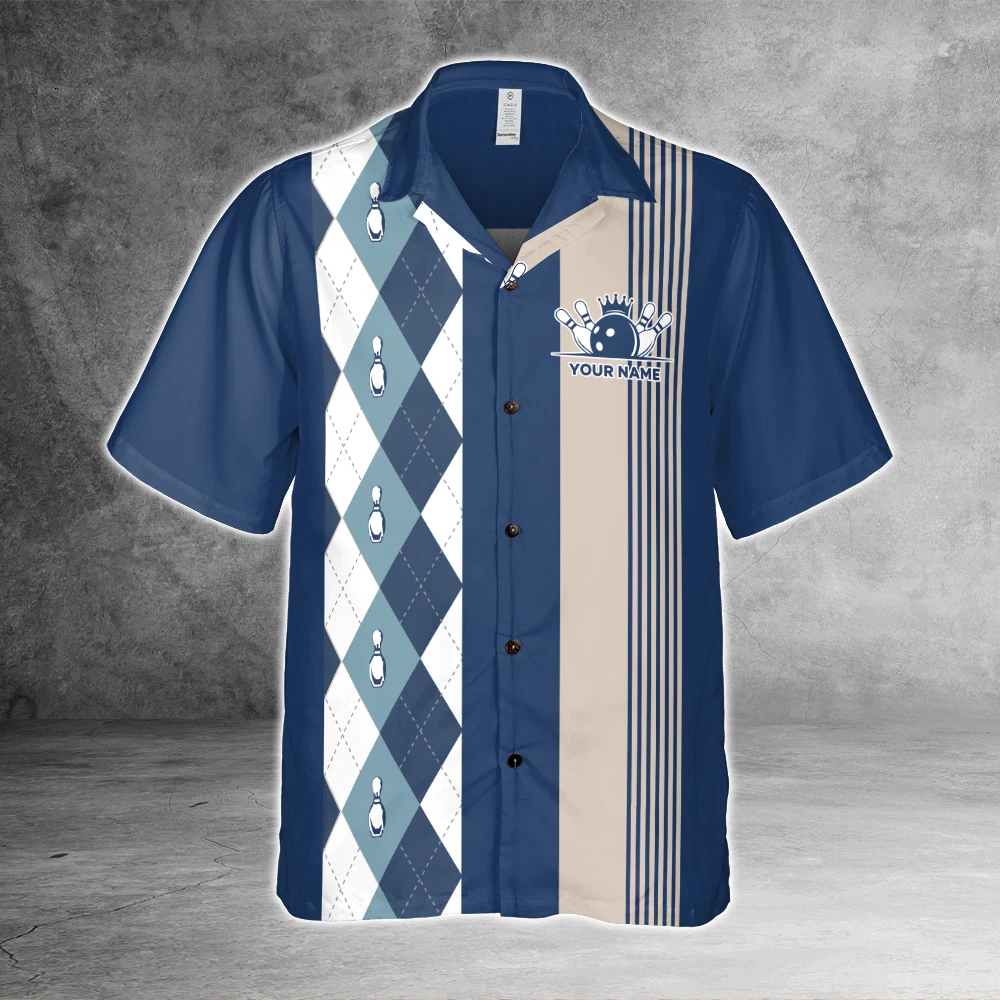 Blue Argyle 1950s Custom Bowling 3D Hawaiian Shirt