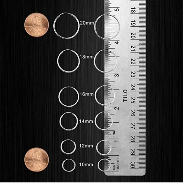 Pendientes de aro redondos sin fin de oro blanco macizo real de 14K aro de tubo de 1 mm Foto 3 de 4