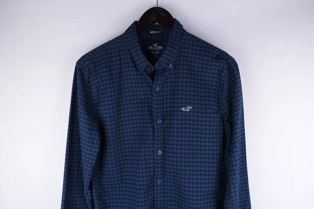 Hollister EPIC FLEX STRETCH Men Casual Shirt Blue Check Cotton