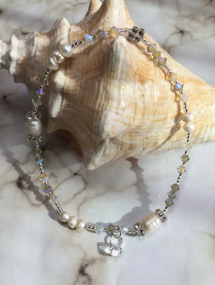 Tornozeleira de cristal pérola feita à mão com elementos Swarovski com anel elástico grátis EUA - Imagem 2 de 4