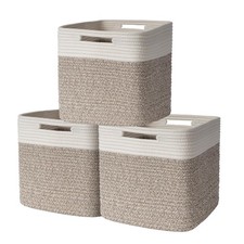Hand Woven Cotton Baskets for Storage, Cube Storage Bins with Handles, Foldab...