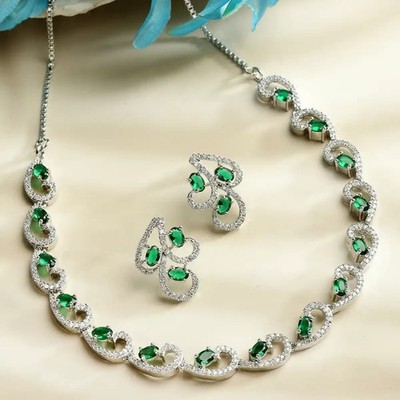 Zeneme Rhodium-Plated Silver-Toned Green American Diamond Necklace Set & Earring
