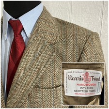 42/44R Vtg HARRIS TWEED Blazer Sport Coat Brown Beige Herringbone Scottish Wool