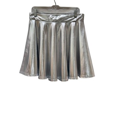 Urban Coco Womens Silver Metallic Skater Mini Skirt XL Shiny Liquid Metal Rave