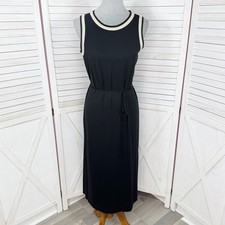 Loft Dress Women XS Black Tan Crochet Trim Midi Jersey Knit Sleeveless Belted