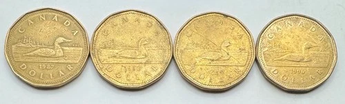 1987,88, 89 & 1990 Canada One Dollar Coins - Canadian Loon 1D - Loonie - Loonies