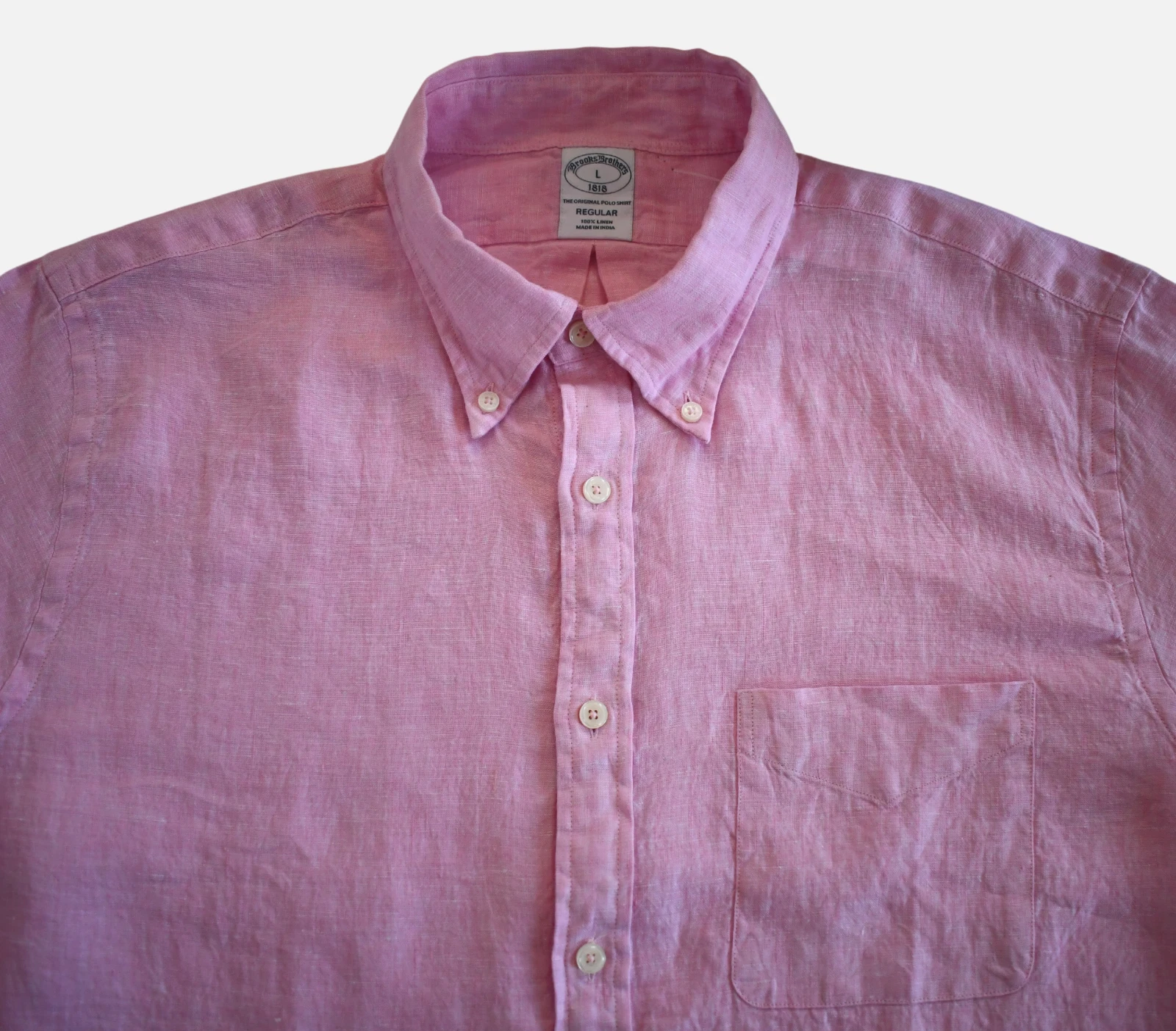 NEW BROOKS BROTHERS Pink 100% LINEN Regular Fit Short-Sleeve Men's Shirt L