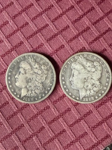 2 Morgan Silver Dollars 1889 O , 1887 O In Very Good Condition