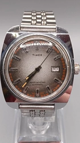 Vintage 1970s Timex Automatic Grey Fume Dial Date Cushion Case Watch Stop Starts