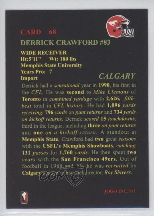1991 Jogo CFL Derrick Crawford #68 - Image 2 of 2