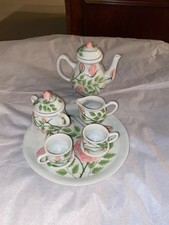 SMALL CHILDS VINTAGE PORCELAIN PINK AND WHITE TEA SET 10 PIECE