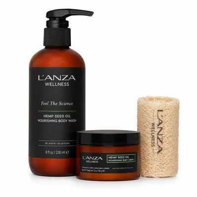 L ANZA Wellness Hemp Body Care Gift Set Body Wash Cream & Loofah 3 Pc Kit