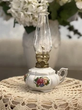 Vintage Miniature Porcelain Victorian Style Floral Oil Lamp Gold Accent Japan