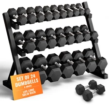 Rubber Hex Dumbbell Set with Rack, 12 Pair of 5 - 60 lbs (780 lbs total)