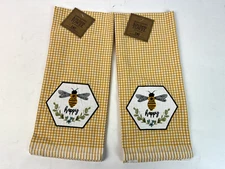 Design Imports DII Bee Happy Yellow Gingham Embellished Dishtowel Set of 2 NWT