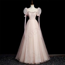 Glitter Crystal Prom Dress Princess Sparkly Puff Sleeves Backless Floor Length