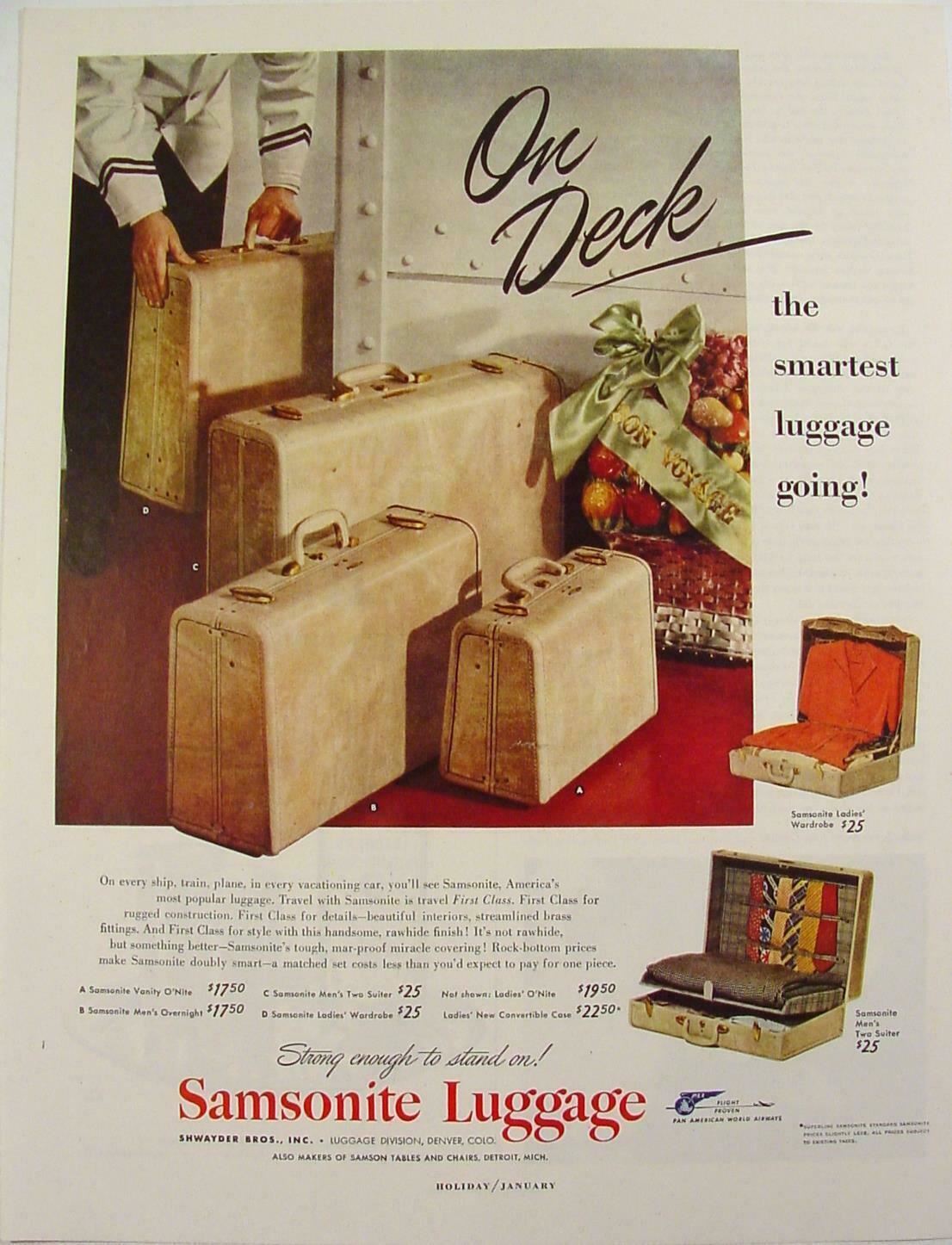 Equipaje Samsonite 1949 cubierta de envío con precios anuncio impreso