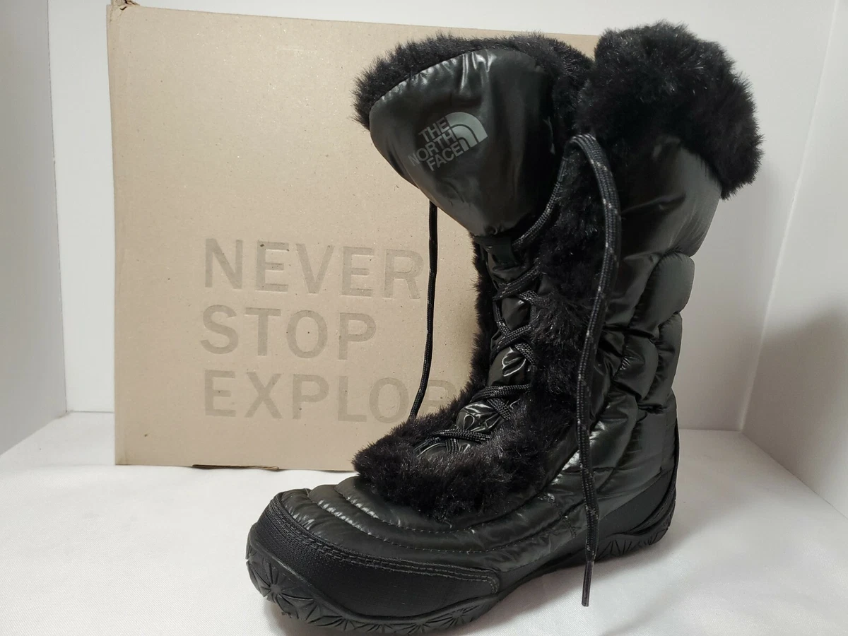 The North Face Womens Alphy Nuptse Fur Snow Boots Black Mid Calf Lace Up Sz 7
