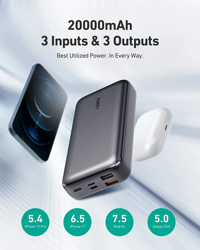 AUKEY USB C Power Bank 20000mAh, Portable Charger Large-Capacity with 3 Outputs  - Image 2 of 4