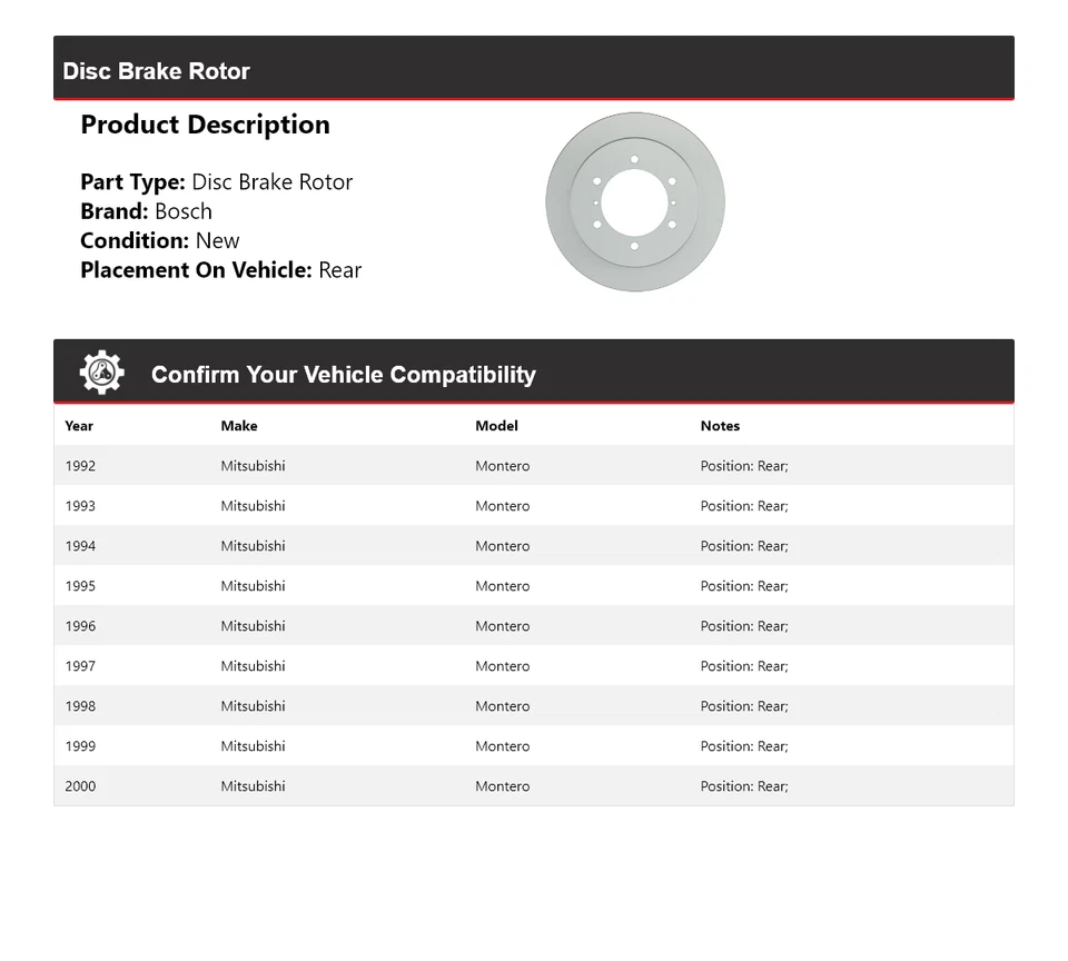 Rotor de freno de disco trasero QuietCast para Mitsubishi Montero Bosch 1992-2000 1993 1994 Foto 2 de 4