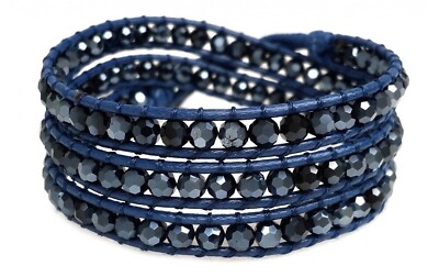Katie Soleil 3 Wrap Bracelet - Navy Blue Cords with Midnight Blue Faceted Beads