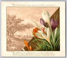 1880s LOUIS PRANG VICTORIAN NEW YEARS GREETING CARD CROCUS & FARM SCENE
