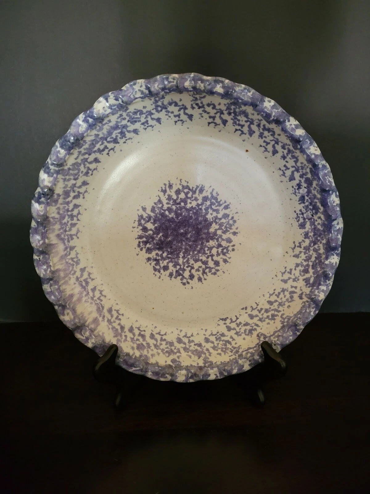 Pottery Pie Baking Plate Handthrown Ceramic Signed "Smith" Blue Sponge Glaze on