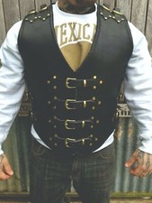 Men New Heavy Buckled Rocker Biker Motorcycle Genuine Cow Black Leather Vest