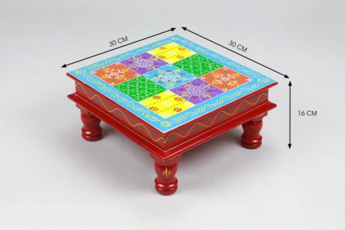 Red Wooden Stool with Vibrant Hand Painted Colorful Top Square Indien Decorative - Picture 2 of 6